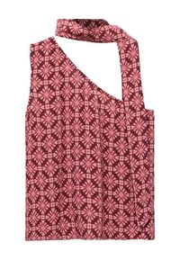 Burgundy topp med ett blommönster i rosa. Har en asymmetrisk design, bred axelrem och texturerat tyg. Lämplig för vardagsbruk.