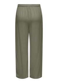 Olive green, lightweight, wide-leg pants with an elastic waistband and smooth texture. No pockets or decorative accents.