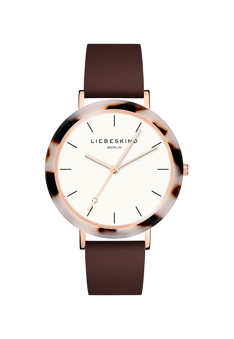 Braunes Lederarmbanduhr mit einem Gehäuse im Schildkrötenmuster und einem weißen Zifferblatt. Enthält roségoldene Zeiger und minimalistische Stundenmarkierungen.