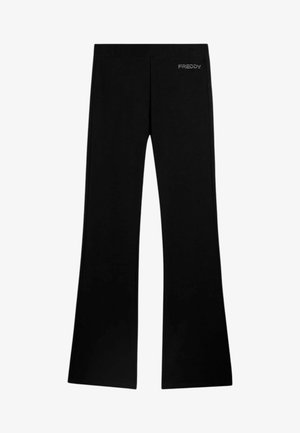 Pantaloni neri a zampa con vita aderente e piccolo logo "FREDDY" in strass sull'anca sinistra superiore.
