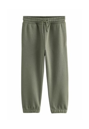 Olive green sweatpants with elastic waistband, adjustable drawstring, side pockets, and elastic cuffs at the ankles.