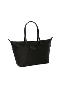 Zwarte totebag van nylon met leren handvatten, gestructureerde vorm, een voorvak en een ritssluiting. Gladde textuur met minimale accenten.