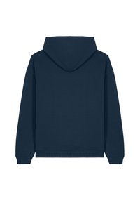 Marineblauwe lange mouwen hoodie met ribbels aan de manchetten en onderrand, gezien vanaf de achterkant tegen een witte achtergrond.