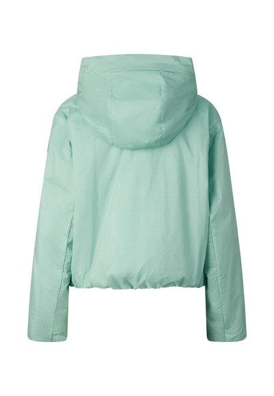Light green hooded jacket with long sleeves, elasticated hem, and smooth, slightly shiny fabric shown from the back.