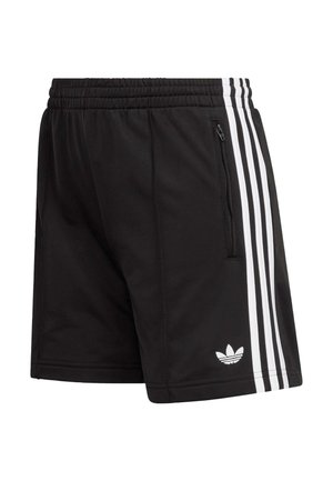 Black athletic shorts featuring three white vertical stripes on the sides, a zippered pocket, and a small logo on the left leg.