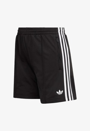 Black athletic shorts featuring three white vertical stripes on the sides, a zippered pocket, and a small logo on the left leg.