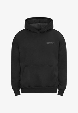 Zwarte pullover hoodie met een voorzak, heeft een capuchon met koord en een klein, subtiel "DROPSIZE" logo in donkergrijs op de borst.