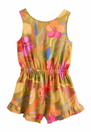 Combinaison sans manches avec taille élastique, ourlet à volants sur le short, présentant un motif floral abstrait coloré sur un fond moutarde.