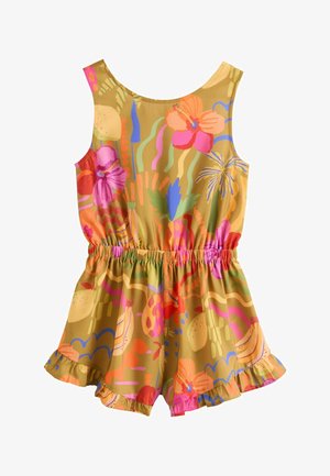 Ärmelloser Overall mit elastischem Bund und Rüschen am Shorts-Saum, mit einem bunten abstrakten Blumenmuster auf senffarbenem Hintergrund.