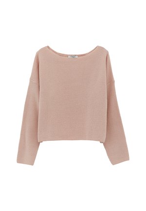 Lichtroze gebreide trui met een brede halslijn, cropped lengte en lange mouwen. Gestructureerd materiaal met ribbel détails overal.