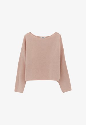 Lichtroze gebreide trui met een brede halslijn, cropped lengte en lange mouwen. Gestructureerd materiaal met ribbel détails overal.