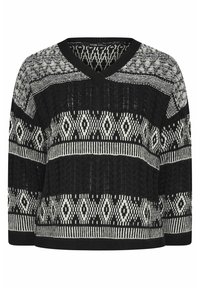 Schwarz-weißer Pullover mit Muster, V-Ausschnitt, Dreiviertelärmeln und strukturiertem Strickdesign mit geometrischen Akzenten.