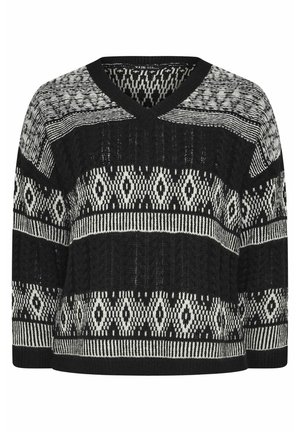 Schwarz-weißer Pullover mit Muster, V-Ausschnitt, Dreiviertelärmeln und strukturiertem Strickdesign mit geometrischen Akzenten.