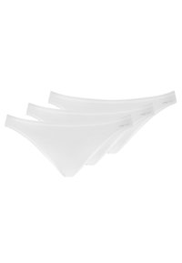 Tre perizomi bianchi in cotone con una texture liscia e lati stretti. Presentano un logo del marchio discreto sull'elastico in vita.