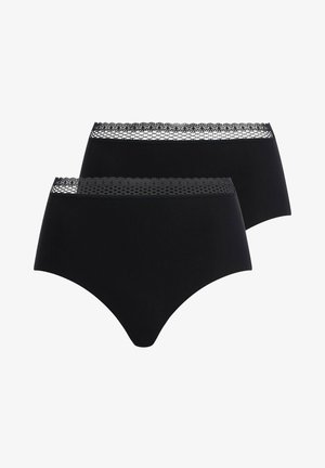 Twee zwarte damesonderbroeken met brede kanten taillebanden, weergegeven tegen een witte achtergrond.