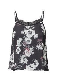 Camicetta in seta floreale con spalline regolabili, fondo nero, rose bianche e bordeaux, e bordo di pizzo lungo il décolleté.