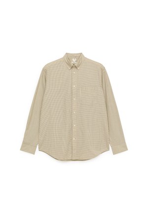 Langarmhemd in Beige mit Karomuster, Kentkragen, einer Brusttasche und geradem Saum. Hergestellt aus leichtem Stoff.