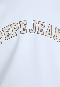 Ljusblå sweatshirt med en böjd "Pepe Jeans"-logotyp i beige, som är tryckt framträdande över framsidan. Mjuk tyg med en slät yta.