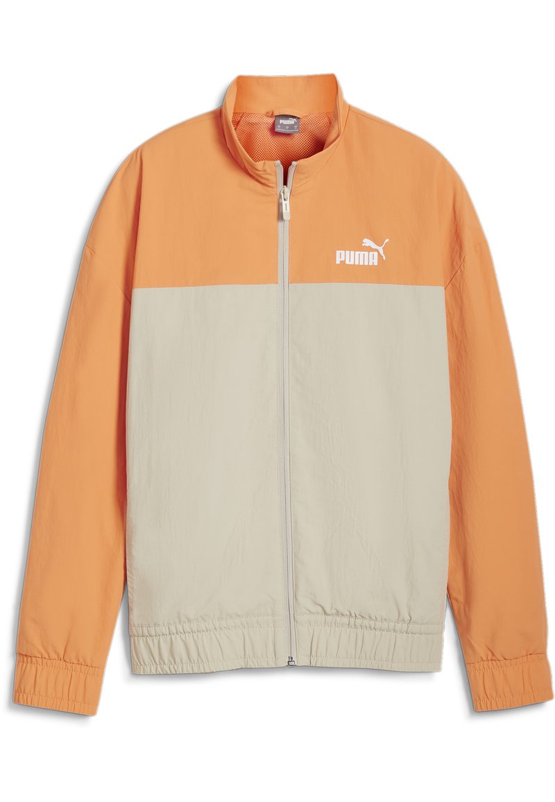 Lättvikts spårjacka med en orange övre sektion och en beige nedre sektion, zip-förslutning och elastiska mudd med en vit logotyp.