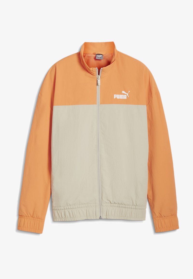 Lightweight track jacket featuring an orange upper section and beige lower section, zip closure, and elastic cuffs with a white logo.