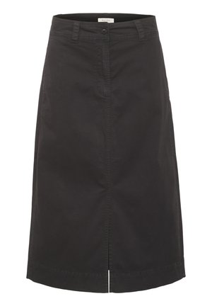 Black cotton skirt with a straight silhouette, button closure, front slit, and subtle stitching detail along the hem. Mid-length design.