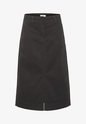 Must mustriiniline must puuvillase seeliku, nupulukuga, eeslõhiku ja peene tikkimise detailiga ääres. Keskmise pikkusega disain.