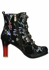 Black suede ankle boot with colorful floral embroidery, lace-up design, side zipper, and a tapered red heel with a gold accent.