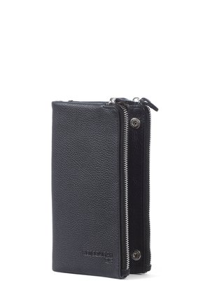 Black leather wallet with a textured finish, featuring a zip closure, snap button, and embossed logo on the side. Slim rectangular shape.