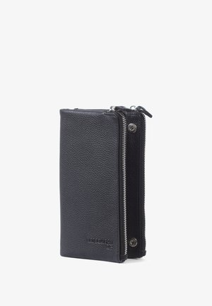 Black leather wallet with a textured finish, featuring a zip closure, snap button, and embossed logo on the side. Slim rectangular shape.