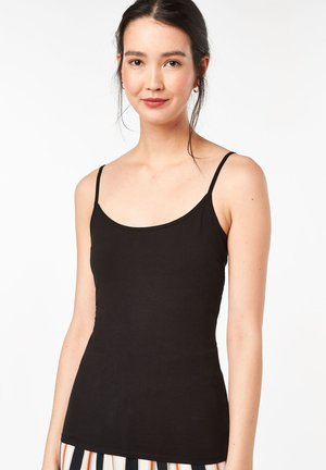 Zwarte tanktop met dunne bandjes, aansluitend ontwerp en een gladde textuur. De halslijn is rond en het heeft een cleane, eenvoudige afwerking.