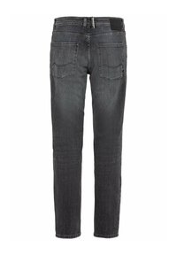 Dunkelgraue Denim-Jeans mit geraden Beinen, ausgestattet mit zwei Gesäßtaschen, einem dekorativen Nähmuster und einem Leder-Brandpatch an der Taille.