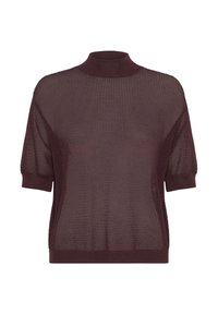 Short-sleeve, high-neck top in a deep burgundy knit fabric featuring a textured, open-weave pattern and ribbed hem and cuffs.