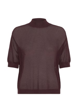 Top de manga corta y cuello alto en un tejido de punto burdeos profundo que presenta un patrón texturizado de tejido abierto y dobladillos y puños acanalados.