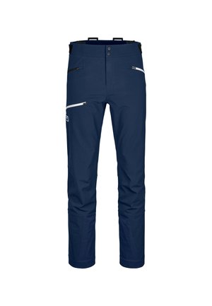 Navy waterproof pants with a straight leg design, two zippered pockets, and reinforced hems. Features contrasting white zippers and hardware accents.
