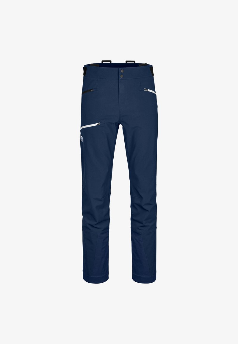 Navy waterproof pants with a straight leg design, two zippered pockets, and reinforced hems. Features contrasting white zippers and hardware accents.