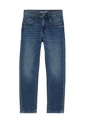 Niebieskie jeansy z denimu, z przednimi kieszeniami, zapięciem na guziki i szlufkami na pasek, pokazane na płasko na białym tle.