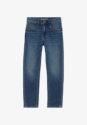 Jean en denim bleu avec poches avant, fermeture par boutons et passants de ceinture, présenté à plat sur fond blanc.