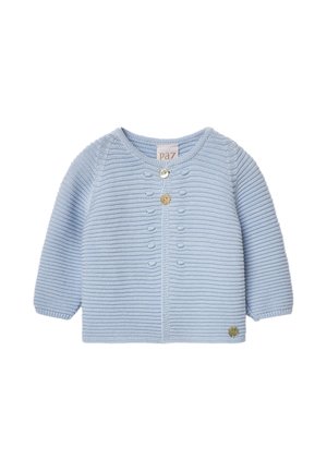 Cardigan per neonato lavorato a maglia azzurro chiaro con maniche lunghe, scollo tondo, due bottoni frontali e motivo a coste orizzontali texturizzato.