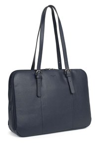 Borsa tote in pelle blu con due lunghe tracolle, forma rettangolare, texture liscia e chiusura con zip. Caratterizzata da dettagli hardware minimali.