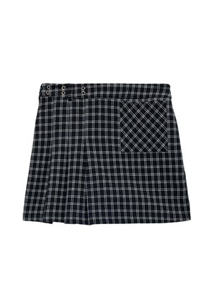 Czarna i biała mini spódnica w kratę z plisami, przednią kieszenią z ukośnym wzorem w kratę oraz metalowymi oczkami na pasku.
