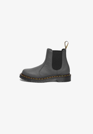 Gray leather ankle boot with elastic sides, yellow stitching, and a loop tab. Features a textured upper and sturdy rubber sole.