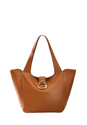 Borsa tote in pelle marrone con due spalline e chiusura con fibbia ovale dorata al centro davanti.