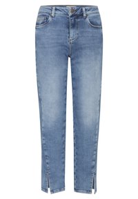 Jeans ajustados de color azul claro con botón frontal, trabillas para el cinturón, bolsillos delanteros y pequeñas aberturas en los bajos.