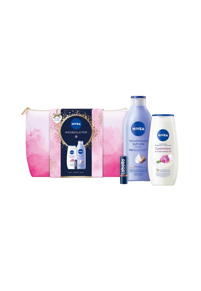 NIVEA skincare gift set with a pink ombre cosmetic bag, includes blue body wash, cream, and blue lip balm, labeled accordingly.