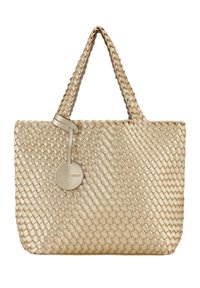 Geweven tas in metallic goud, met twee handvaten, een ronde leren label en een rechthoekige vorm met een gestructureerd oppervlak.