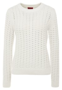Pull blanc en tricot avec un motif ajouré texturé, col rond, manches longues, poignets et ourlet côtelés.