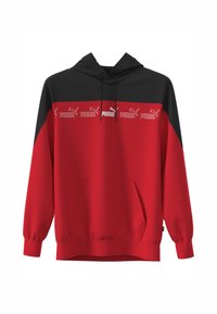 Felpa con cappuccio rossa e nera, dotata di una tasca a marsupio centrale, cappuccio e stampe bianche del logo Puma sul petto. Tessuto dalla texture liscia.