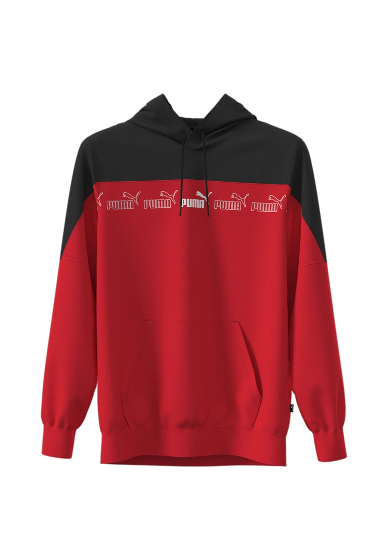Felpa con cappuccio rossa e nera, dotata di una tasca a marsupio centrale, cappuccio e stampe bianche del logo Puma sul petto. Tessuto dalla texture liscia.