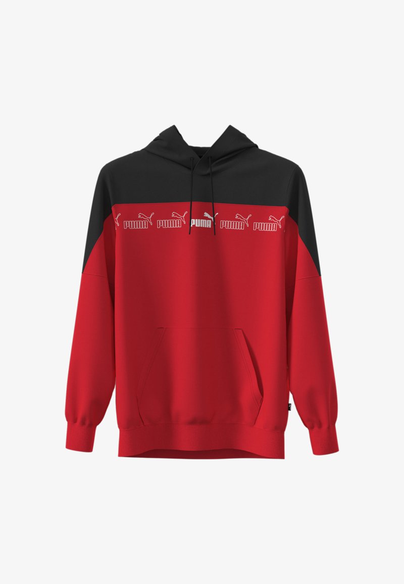 Czerwony i czarny sweter z kapturem z centralną kieszenią kangurką, kapturem oraz białymi nadrukami logo Puma na klatce piersiowej. Gładka faktura materiału.