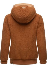 Felpa con cappuccio marrone in pile, caratterizzata da una superficie testurizzata, con cappuccio e orlo a coste. Include un piccolo logo sulla parte inferiore sinistra.